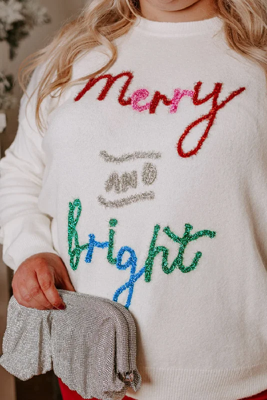 Tinsel Merry AND Bright Pattern Plus Size Christmas Sweater High Neck Crew Neck V-Neck