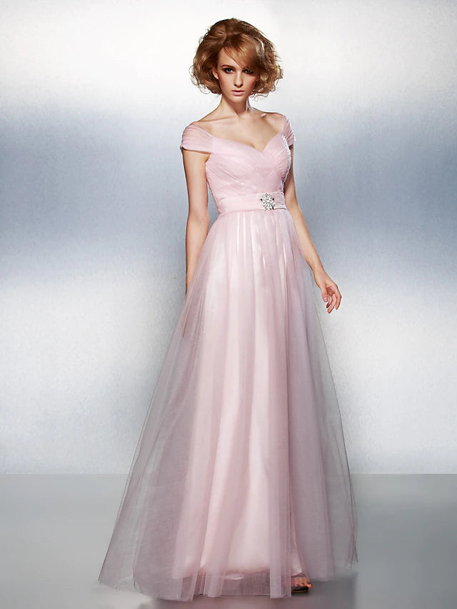Open Back Dress Prom Floor Length Short Sleeve Off Shoulder Tulle with Sash  Ribbon Criss Cross Ruched