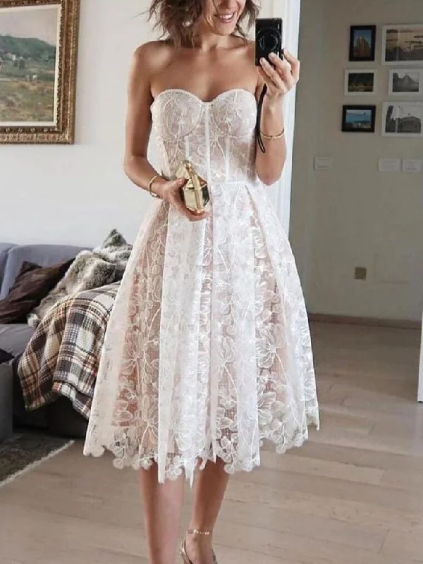 Zjkrl 2023 Spring Summer Formal Evening Dress Women's Lace Embroidery Strapless A-line Tunic Midi Birthday Party Dresses White Purple Tunics Practical easy-care