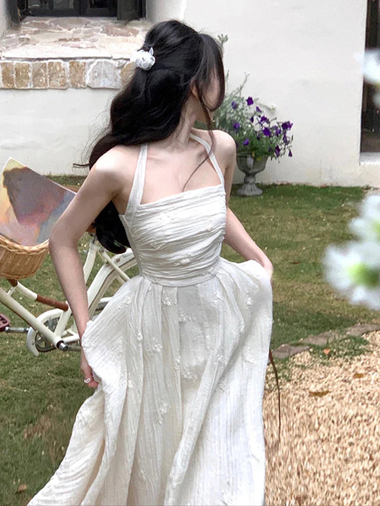 French Vintage White Midi Dress Women Basic Sleeveless Elegant Party Dress Beach Pure Color One Piece Dress Korean Summer Glittery Long Formal