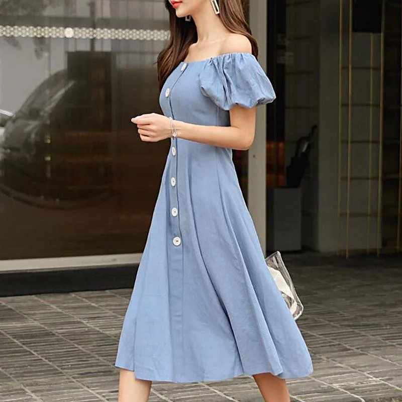 Blue Wide Neck Puff Sleeve Slim A-line Party Dress empire Waist empire