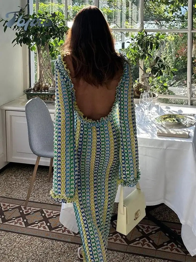 Women Casual Pattern Backless Maxi Dress Flare Long Sleeve Beach Party Dresses Tunics Practical durable