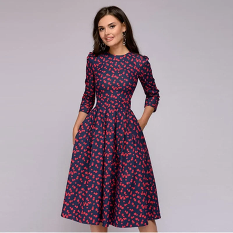 BerriesJam - Dot Print Three Quarter Sleeve A-line Date Party Dress Sequined Elegant Party