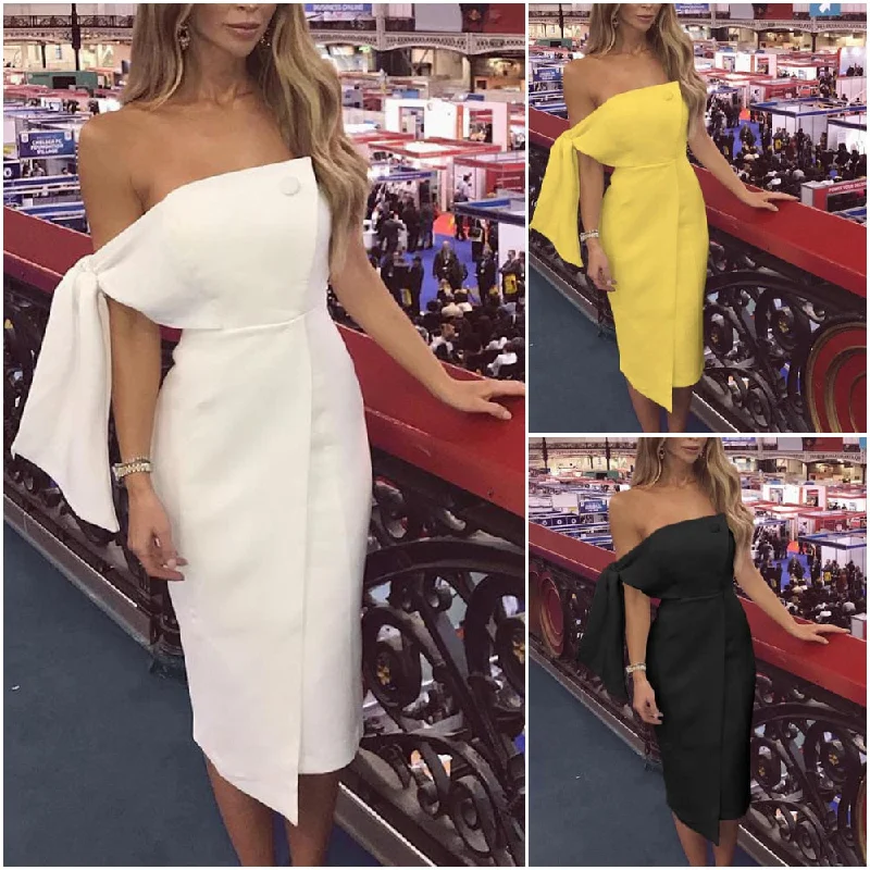Explosion Solid Tie Sleeve Button Irregular Midi Dress Women Off Shoulder Short Sleeve Cocktail Party Dress Elegant Ball Gowns Tunics Bridal satin