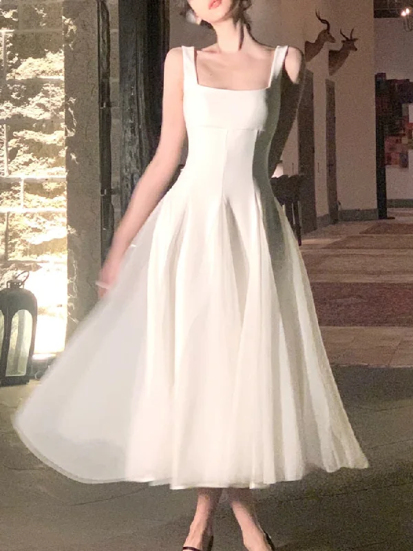 French Elegant Strap Midi Dress Women Solid Fairy Evening Party Dress Office Lady Sleeveless One Piece Dress Korean  Summer Tunics Running lightweight