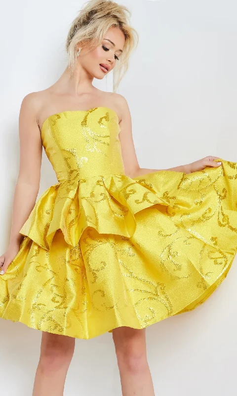 Jovani Short Yellow Strapless Party Dress 23743 Peplum Ruffle Cocktail
