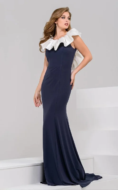 Jovani - Ruffled Jewel Neck Evening Gown 50332 - 1 pc Ivory/Charcoal In Size 6 Available Tunics Stylish elegant