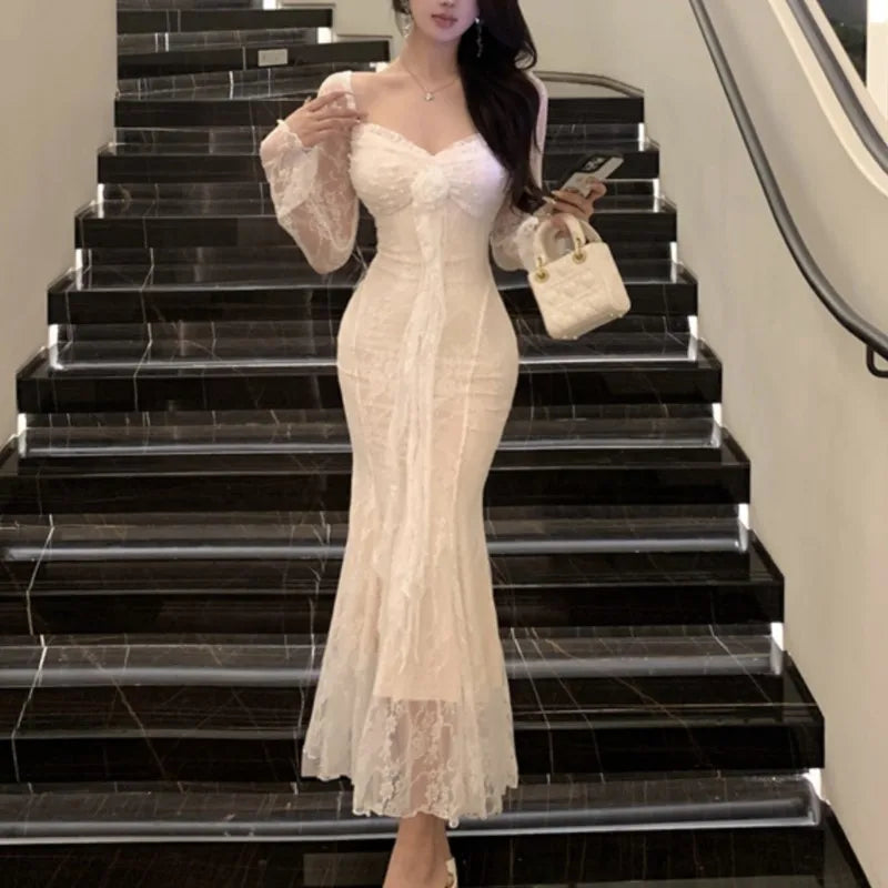 LIZAKOSHT  -  Elegant Bodycon Lace Midi Dresses for Women Square Collar Slim Waist Flare Collar Mermaid Evening Party Dress Prom Robe New Tunics Business professional