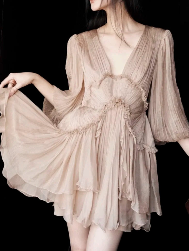 Lizakosht Elegant Ruffle Midi Dress Women Chic Long Sleeve V-Neck Pleated Fairy Dresses French Party Dress Peplum Ruffle Cocktail