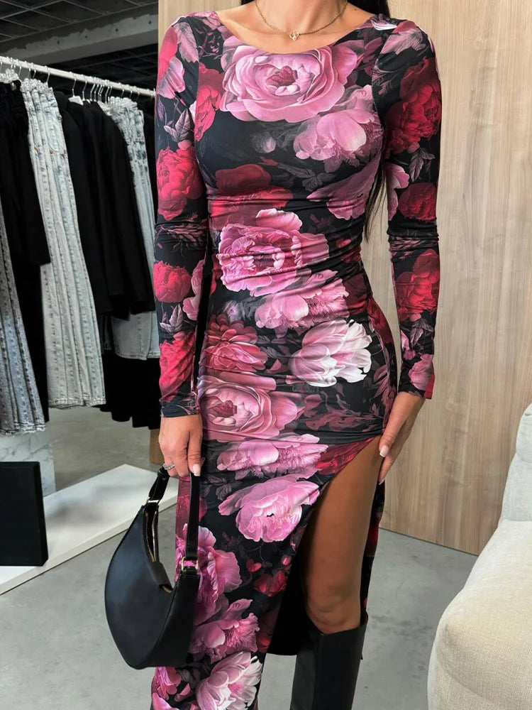 LIZAKOSHT  -  Floral Print Elegant Lady Midi Dress Round Neck Casual Slim Women Party Dress Female Long Sleeve Tight Dress Vestido New Tunics Gym athletic