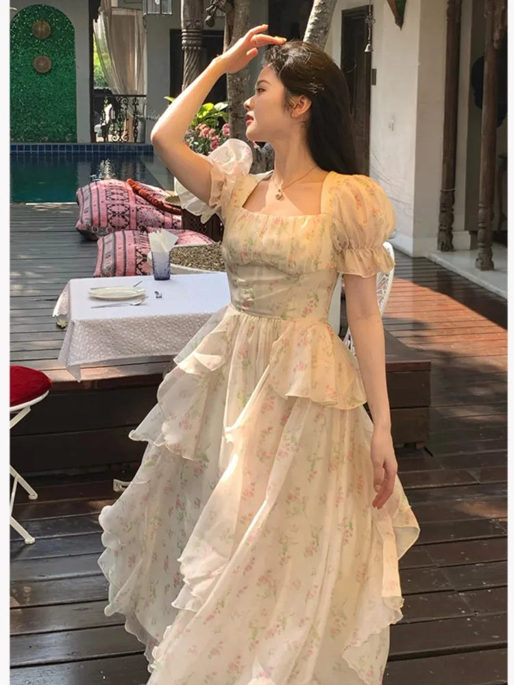 LIZAKOSHT  -  One Piece Dress Korea Fairy Floral Midi Dress Women Puff Sleeve Elegant Vintage Dress Female Party Dress Office Lady 2023 Summer Tunics Vintage classic