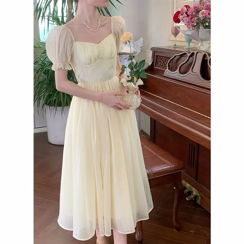 LIZAKOSHT  -  Women Elegant Puff Sleeve Summer Midi Dress Lady Square Collar Solid High Waist Fairy Party Dress Korean Holiday One Piece Dress Halter Neckline Beach
