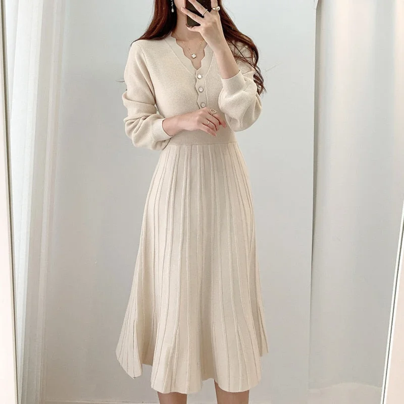 One Piece Korean Pleated Dress 2022 Spring Long Sleeve Slim Woman Sweater Dresses Knitted Vintage Elegant Midi Party Dress Tunics Short Trendy