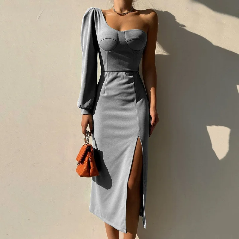 BerriesJam - 2024 One Shoulder Strapless High Split Long Party Dress sweetheart Neckline Romantic