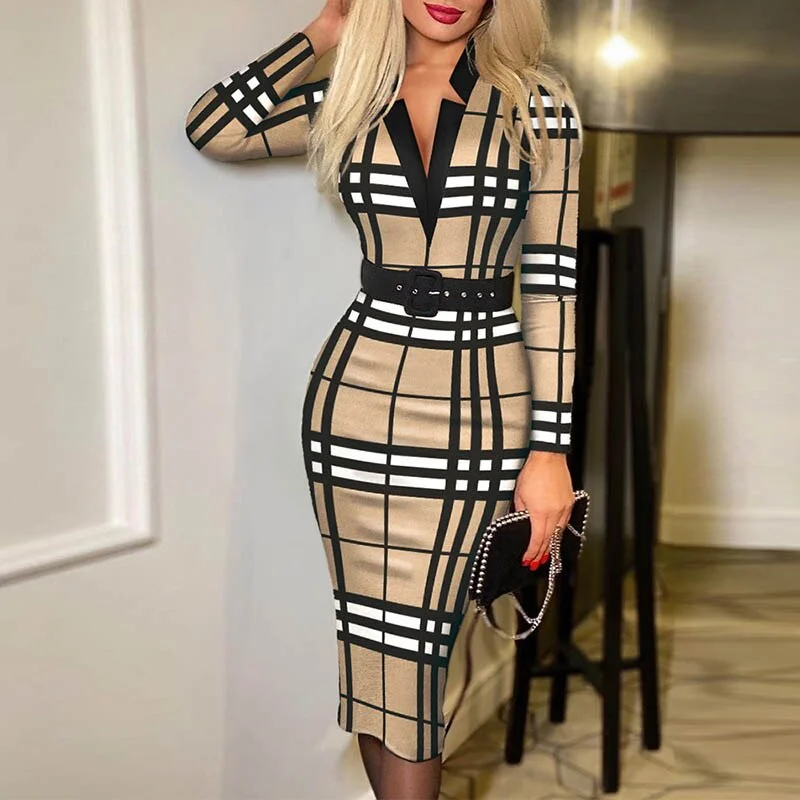 BerriesJam - 2024 Plaid Print Long-sleeved V Neck Slim Party Dress Lace Sexy Club