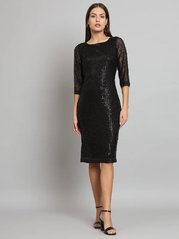 Black Stretch Sequins Party Dress Pencil Length Work