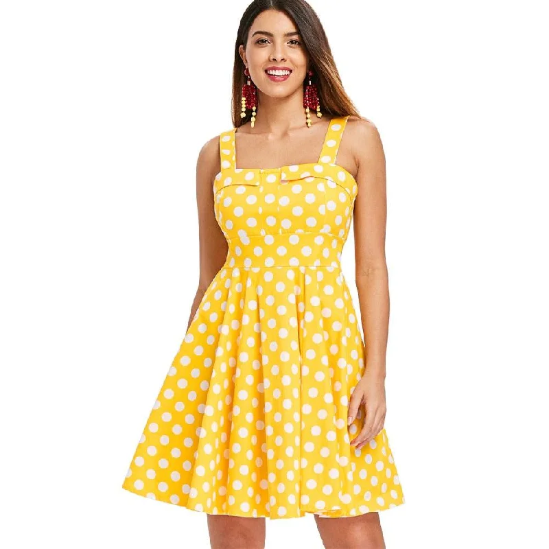 Retro Yellow Polka Dot Print Pleated Vintage Plus Size Party Dress Shift Classic Vintage