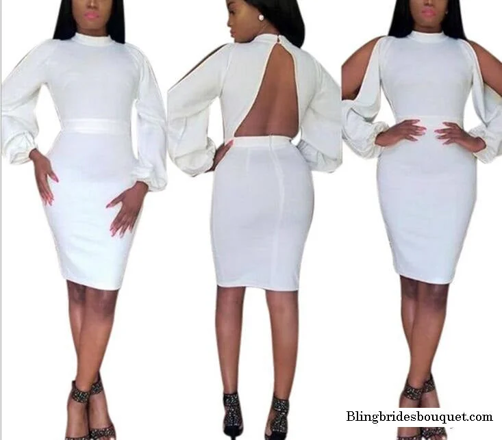 Sexy backless long sleeve  night evening club dress White party dress Crew Neckline Sporty