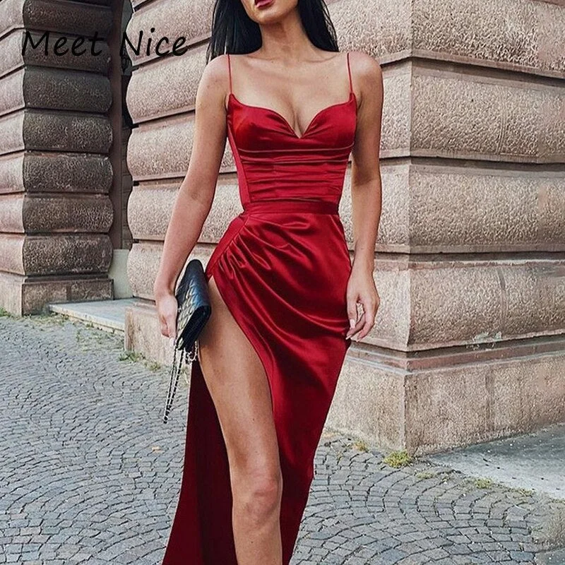 Sexy Spaghetti Strap Side Split Party Dress Women Ruched Lace up Bodycon Midi Dresses Burgundy Black Night Club Dress Bodycon Fitted Nightout