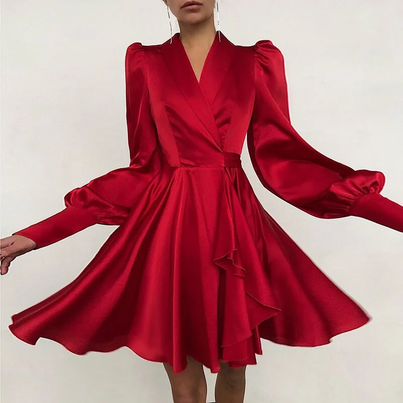 BerriesJam - 2024 V-Neck Satin Elegant Lantern Sleeve A-Line Club Party Dress Tunics Solid Classic