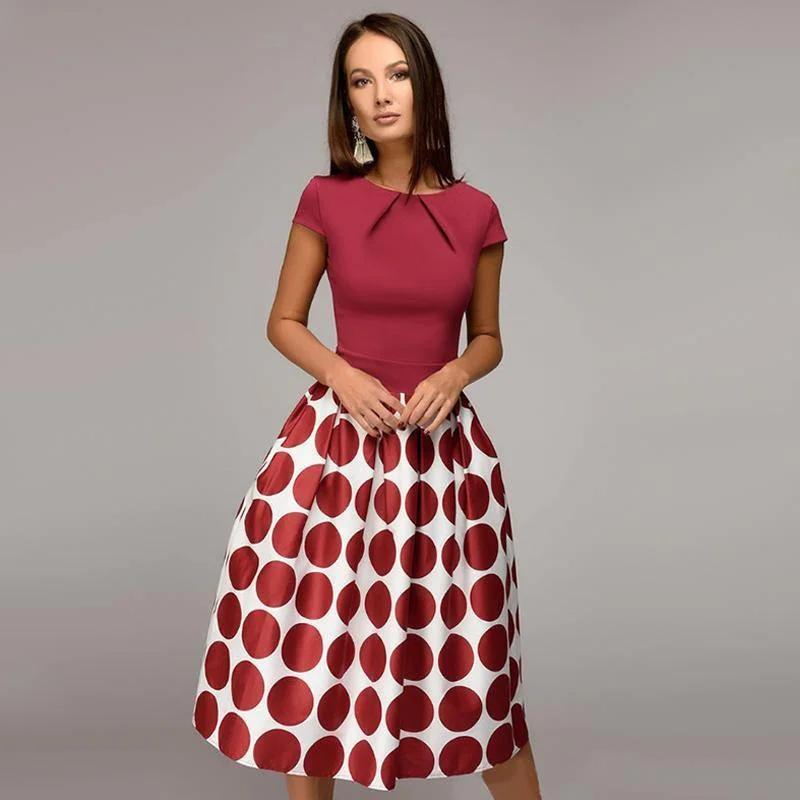 Vintage Dot Print Summer Casual Dress Women Fit and Flare Party Dress 2018 Summer O-Neck Short Sleeve Fold Elegant Mid Dresses Crew Neckline Casual