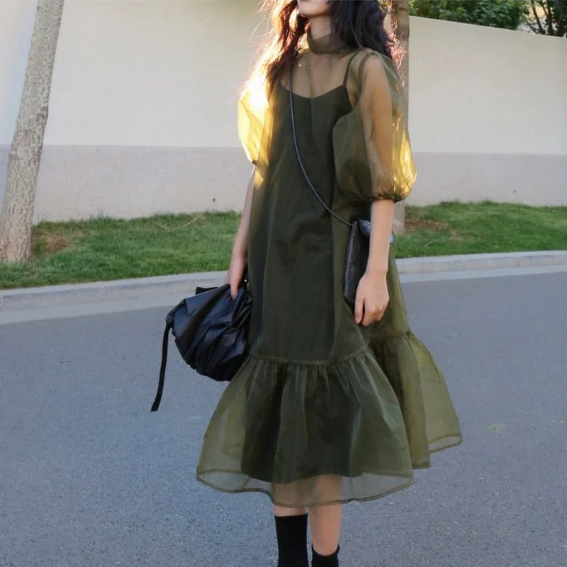 Lizakosht - Vintage High Street Midi Dress Women Loose Puff Sleeve Fairy Korean Party Dress Female Streetwear Casual Y2k Dress Summer Tunics Canvas sturdy