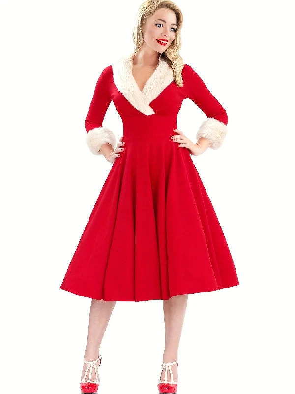 Vintage Inspired Midi Dress - Soft Fuzzy Spandex V Neck Party Dress for Women - Winter Solid Color Knit Fabric Pendulum Style with Micro Elasticity Tunics Brand named