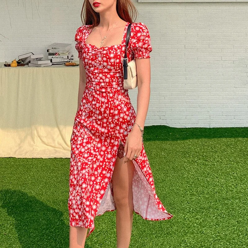 Women Summer Vintage Party Dress Y2K Lady France Style Puff Sleeve Floral Print Square Collar Side Split Midi Dress Vestido 2022 Tunics Satin smooth