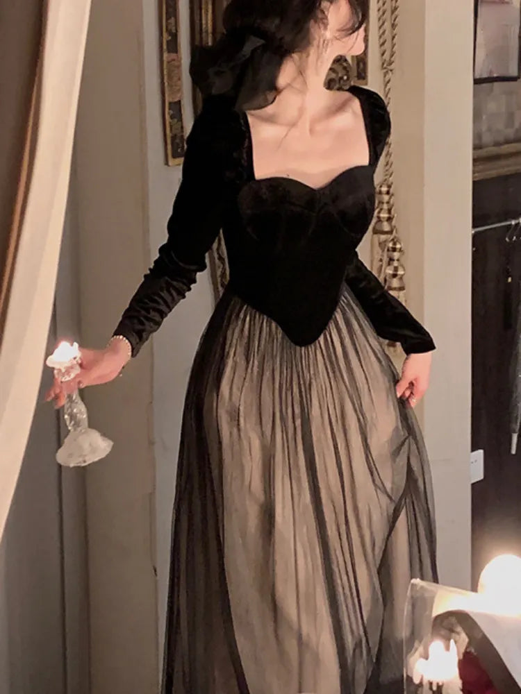 2024 Spring Elegant Velvet Long Sleeve Midi Dress Woman Slim Vintage Evening Party Dress Female Casual Korean Fashion Dress Chic Tunics Cozy soft