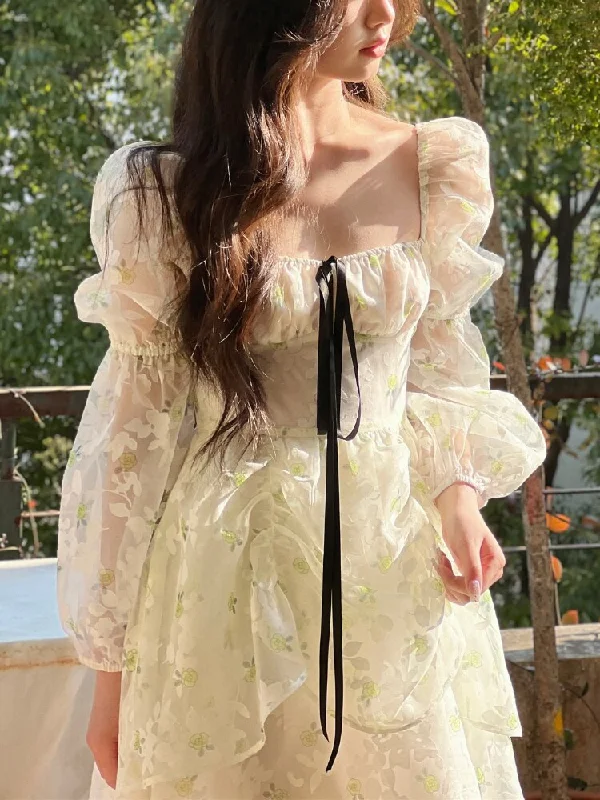 Lizakosht  Summer Sweet Floral Midi Dress Long Sleeve Elegant Short Party Dress Woman Casual Vintage One Piece Dress Korea Fashion Bow A-Line Day Work