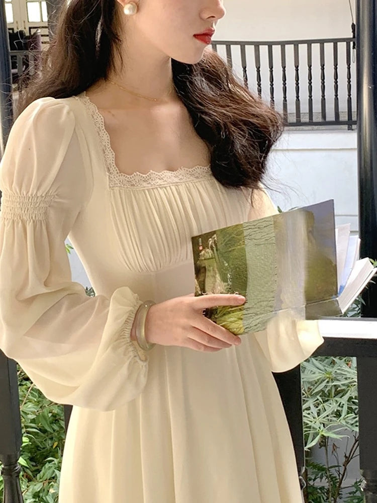 2024 Spring French Elegant Solid Midi Dress Woman Long Sleeve Fairy Party Dresses Casual One Piece Dress Korean Female Fashion Lace Sexy Club