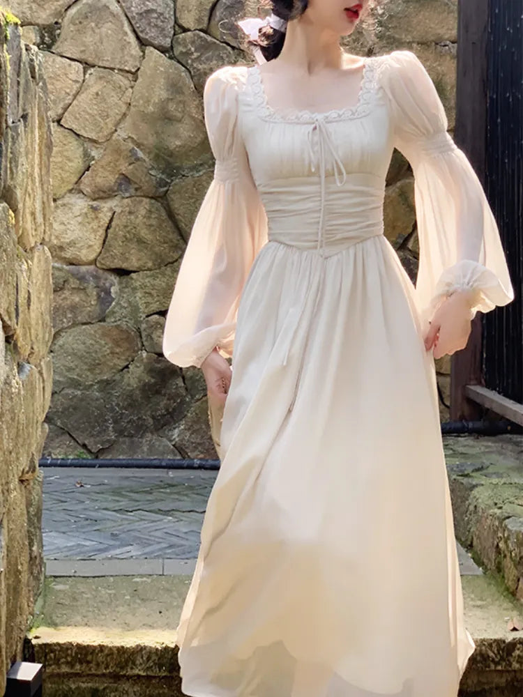 2024 Summer Elegant Fairy Midi Dress Women Causal Long Sleeve Vintage Party Dress Female Ruffles One Piece Dress Korean Chic Y2k Satin Halter Glamorous