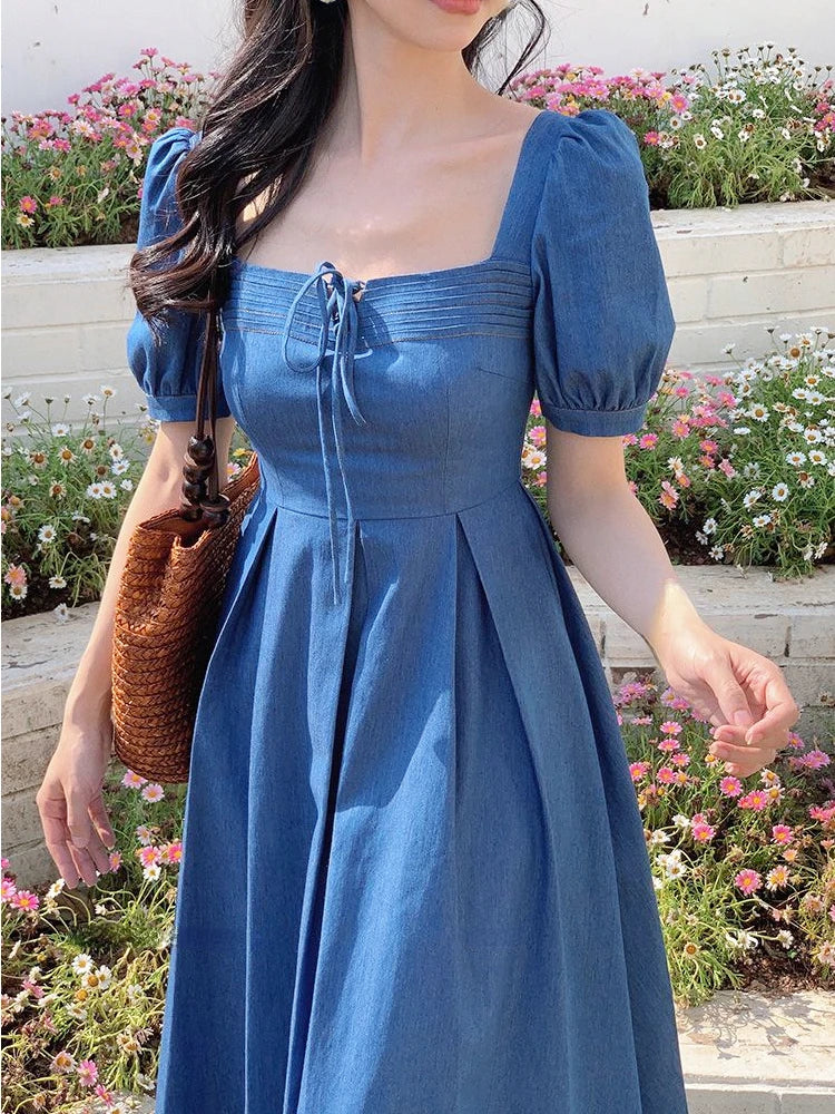 2024 Summer Vintage Elegant Fairy Dress Women Short Sleeve Y2k Causal Midi Dress Female Solid Korean Fashion Chic Party Dresses Chiffon Maxi Beach
