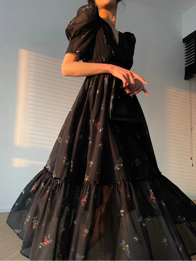 2024 Summer Vintage Floral Midi Fairy Dress Women Black Short Sleeve Elegant Sexy Dress Beach Casual Korean Evening Party Dress Glittery Long Formal