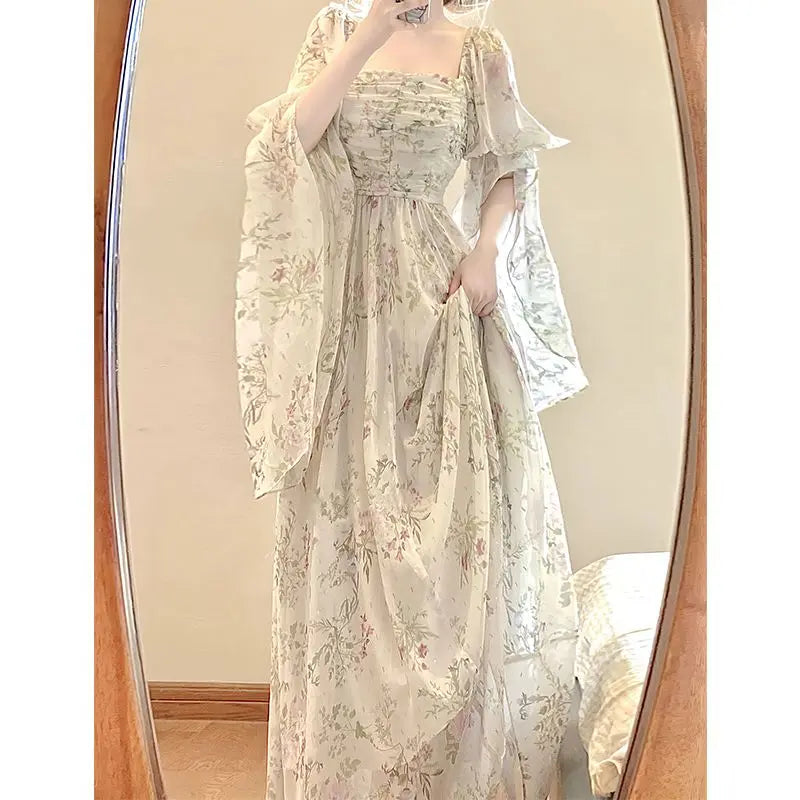 2024 New French Elegant Floral Midi Dress Woman Beach Casual Long Sleeve Even Party Dress Outwear One Piece Dress Korean Fashion Tunics Trousers formal