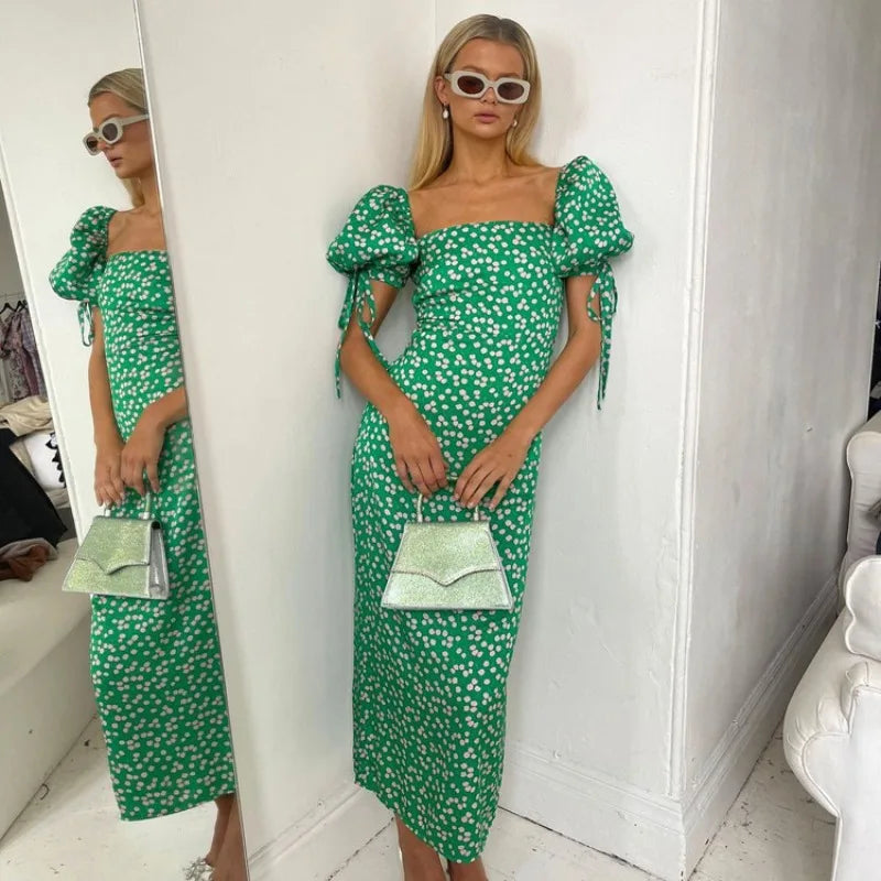 Lizakosht Summer  Bodycon Print Women'S Dress Slim Square Collar Short Sleeve Midi Dresses Elegant Classic Party Dress Female Tunics Fleece cozy