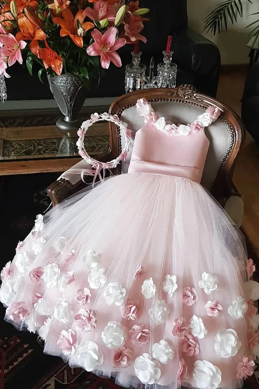 A Line Round Neck Pink Hand Made Flowers Flower Girl Dresses, Tulle Wedding Party Dresses, Srs15019 Tunics Party sparkling