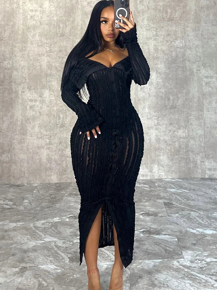 Women's Chic Pleated Midi Dress Off Shoulder See-Through Fitted Ruched Party Dress Night Club Outfits Clubwear Pencil Length Work