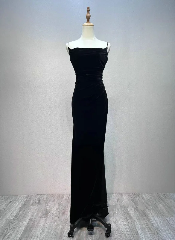 Black Velvet A-line Straps Wedding Party Dress, Black Long Evening Dress Prom Dress Peplum Ruffle Cocktail