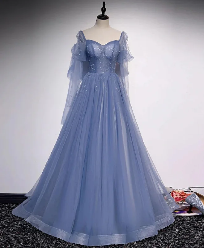 Blue Tulle Beaded Long Formal Dress Party Dresses, A-line Wedding Party Dresses Tunics Business professional