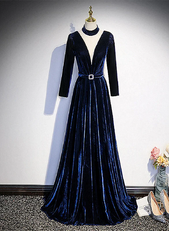 Blue Velvet Long Sleeves Floor Length Wedding Party Dress, Blue Formal Gown Tunics Mesh breathable
