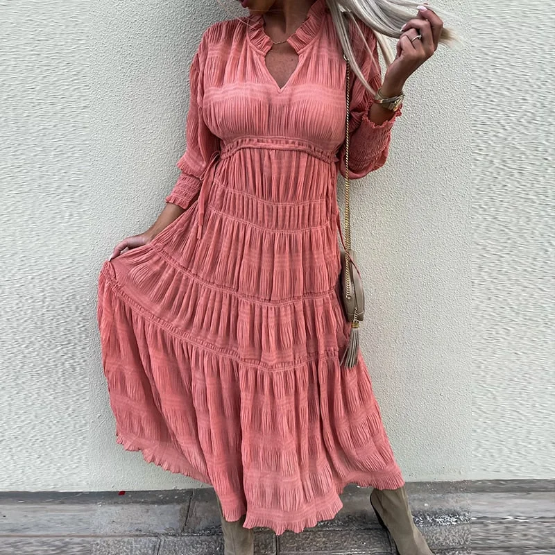 V-neck Elastic Waist Pleated Party Dress Tunics Practical durable