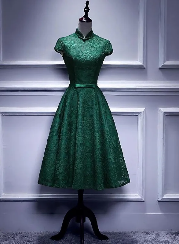 Charming Dark Green Tea Length High Neckline Party Dress, Wedding Party Dress Tunics Vintage classic