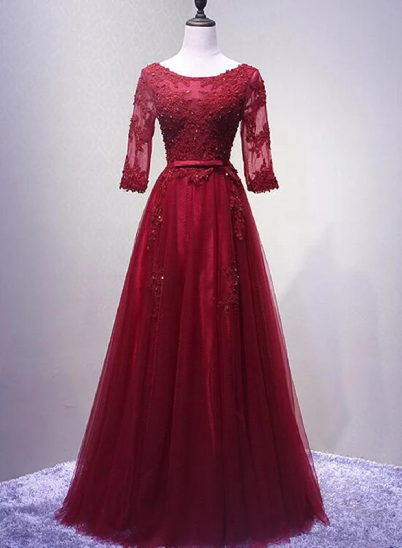 Charming Wine Red Short Sleeves Lace Applique Wedding Party Dress, Formal Gown Sequined Elegant Party