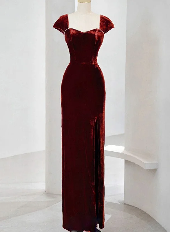 Charming Wine Red Velvet Cap Sleeves Long Party Dress, Wedding Party Dresses Tunics Velvet soft