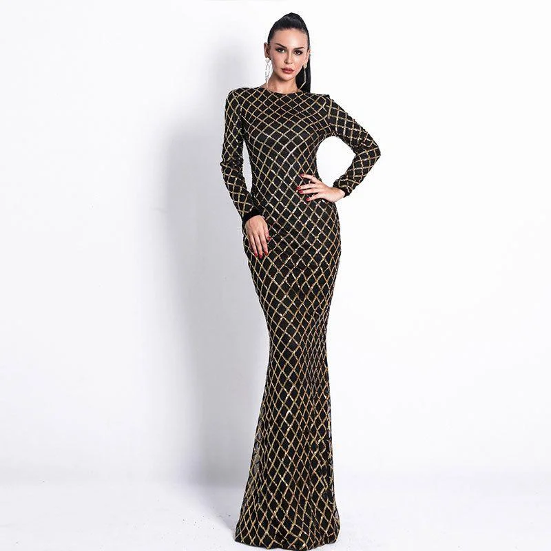 Creative Sequin Detailing Plaid Pattern Long-sleeve Bodycon Maxi Party Dress Tunics Formal black