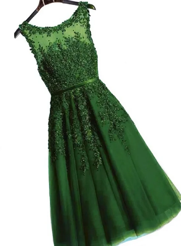 Dark Green Round Neckline Tea Length Lace Party Dress, Wedding Party Dress Tunics Fashionable trendy