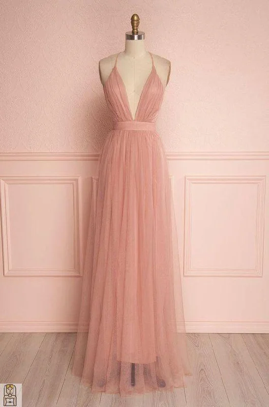 Deep V Neck Prom Dress, Blush Pink Floor Length Tulle Wedding Party Dress, Spaghetti Straps Off-the-shoulder Chic Trendy