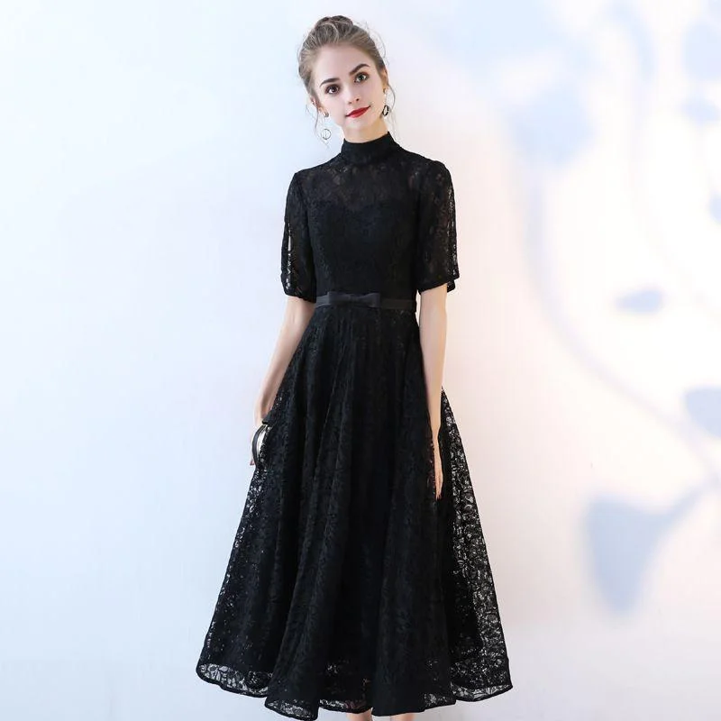 Elegant Black Color Women Short Sleeves Lace Fabric Tea-length Party Dress Tunics Cozy comfortable
