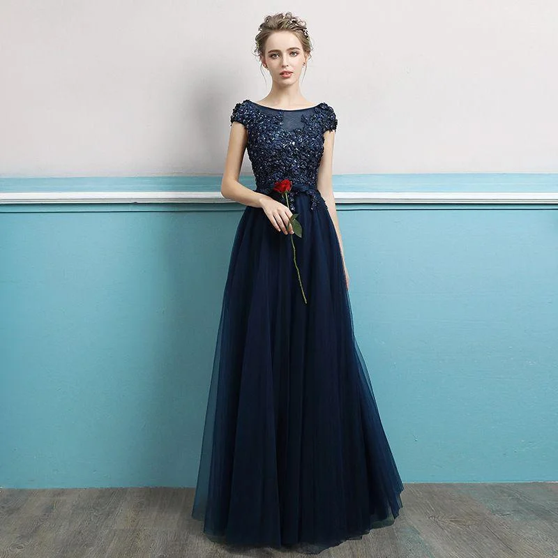 Elegant Women Fashion Dark Blue Color Cap Sleeves Floor Length Party Dress Tunics Business professional